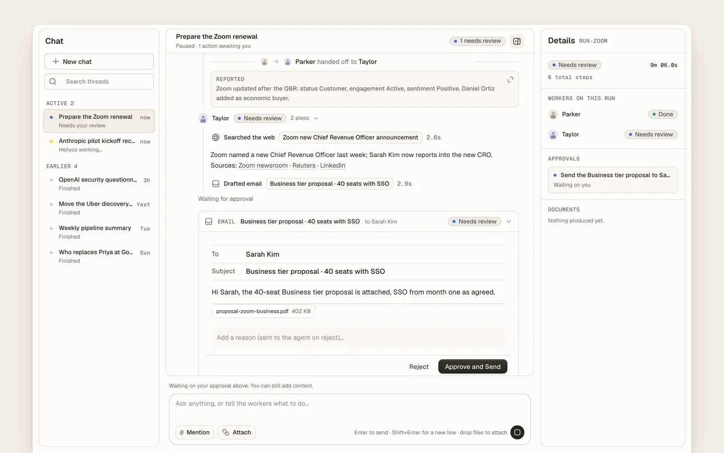 Ask Heliyos chat: Parker hands off to Taylor, Taylor researches the web and asks for approval on the proposal email.