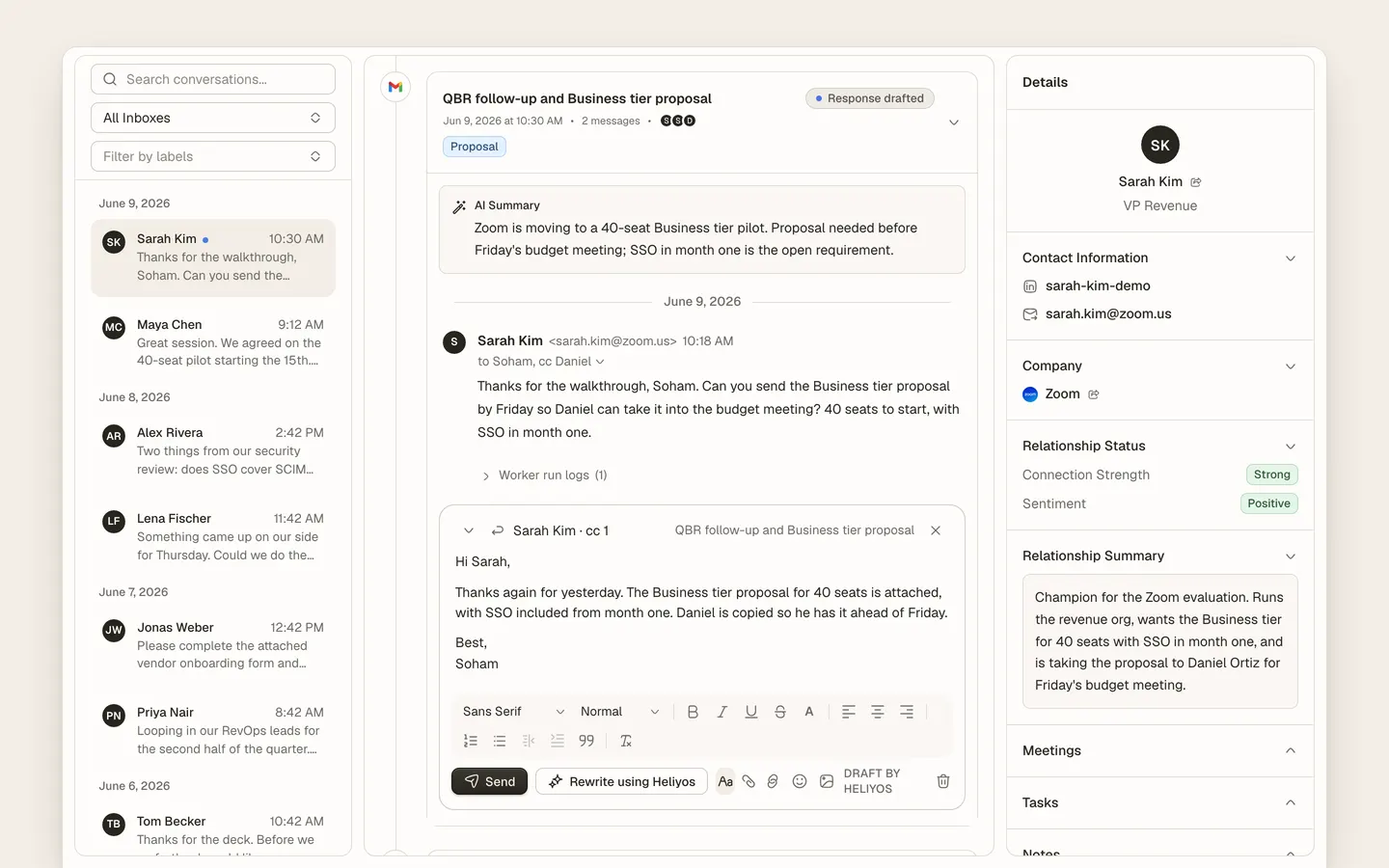 Heliyos unified inbox showing customer conversations, signals, notes, and account timeline.