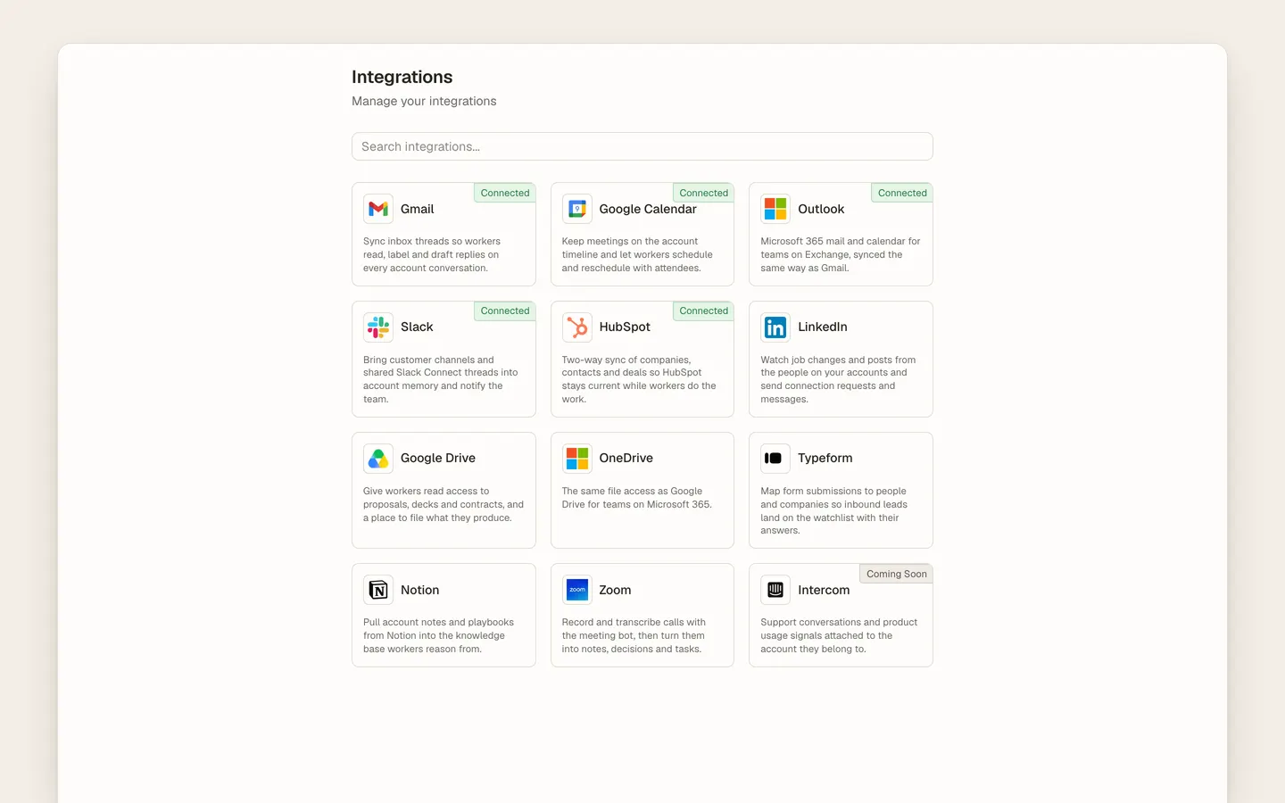 Connected tools feeding customer context into a unified account workspace