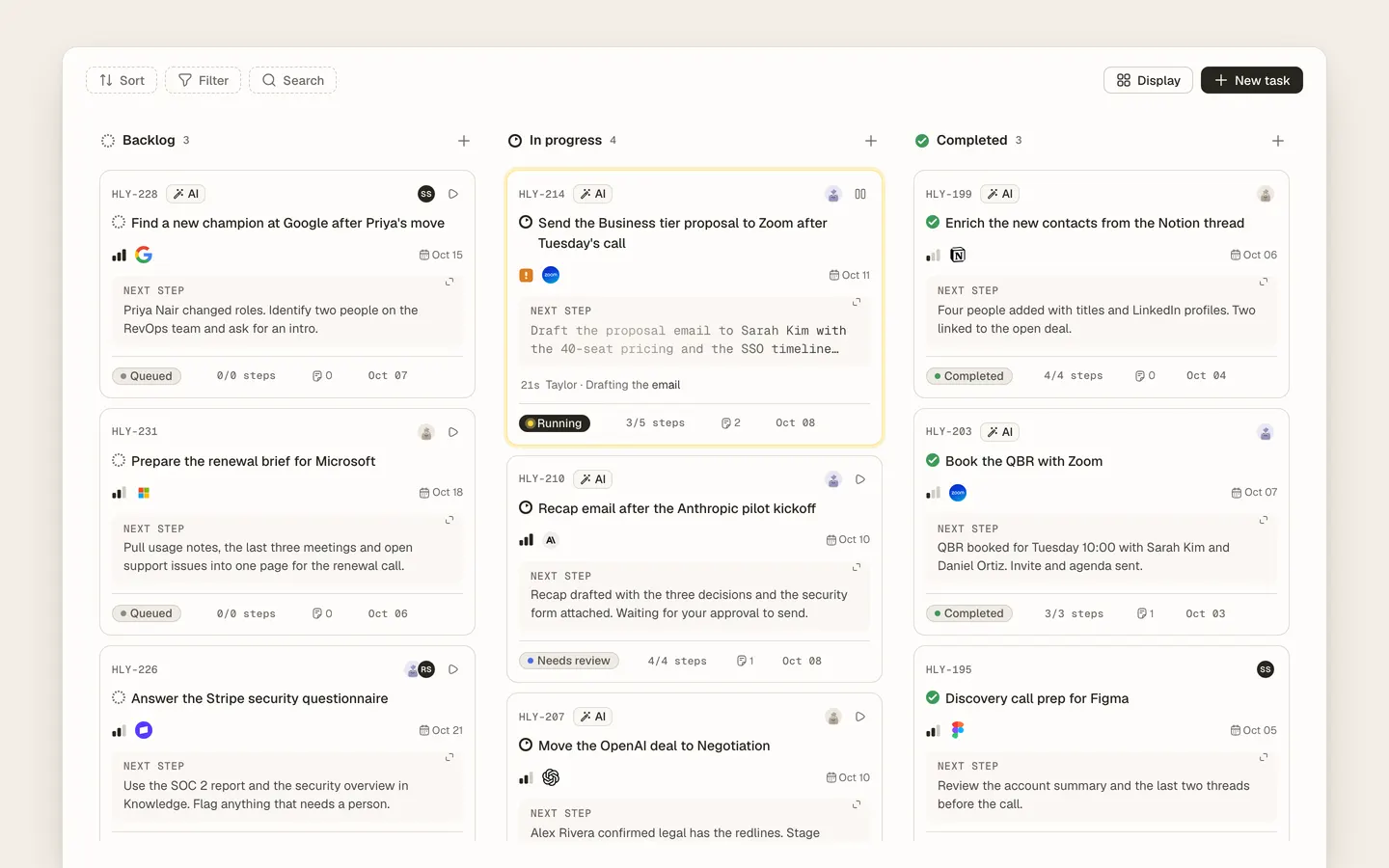 Agent task board showing AI workers operating kanban tasks with a connected human approval queue
