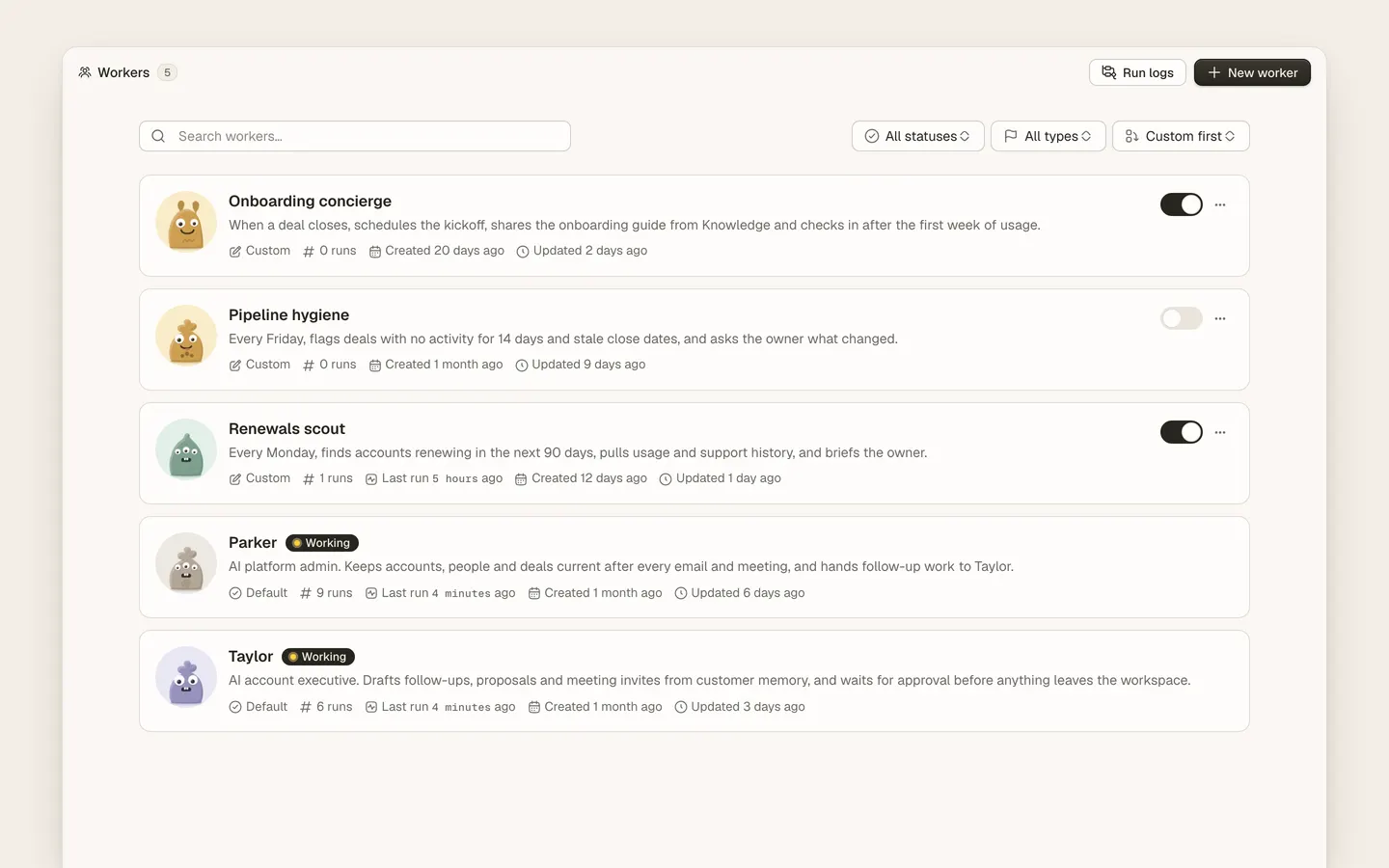 Heliyos AI worker turning scattered customer context into finished account work.